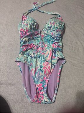 Lilly Pulitzer Floral Halter One-Piece Swimsuit in Aqua, Pink & Lavender